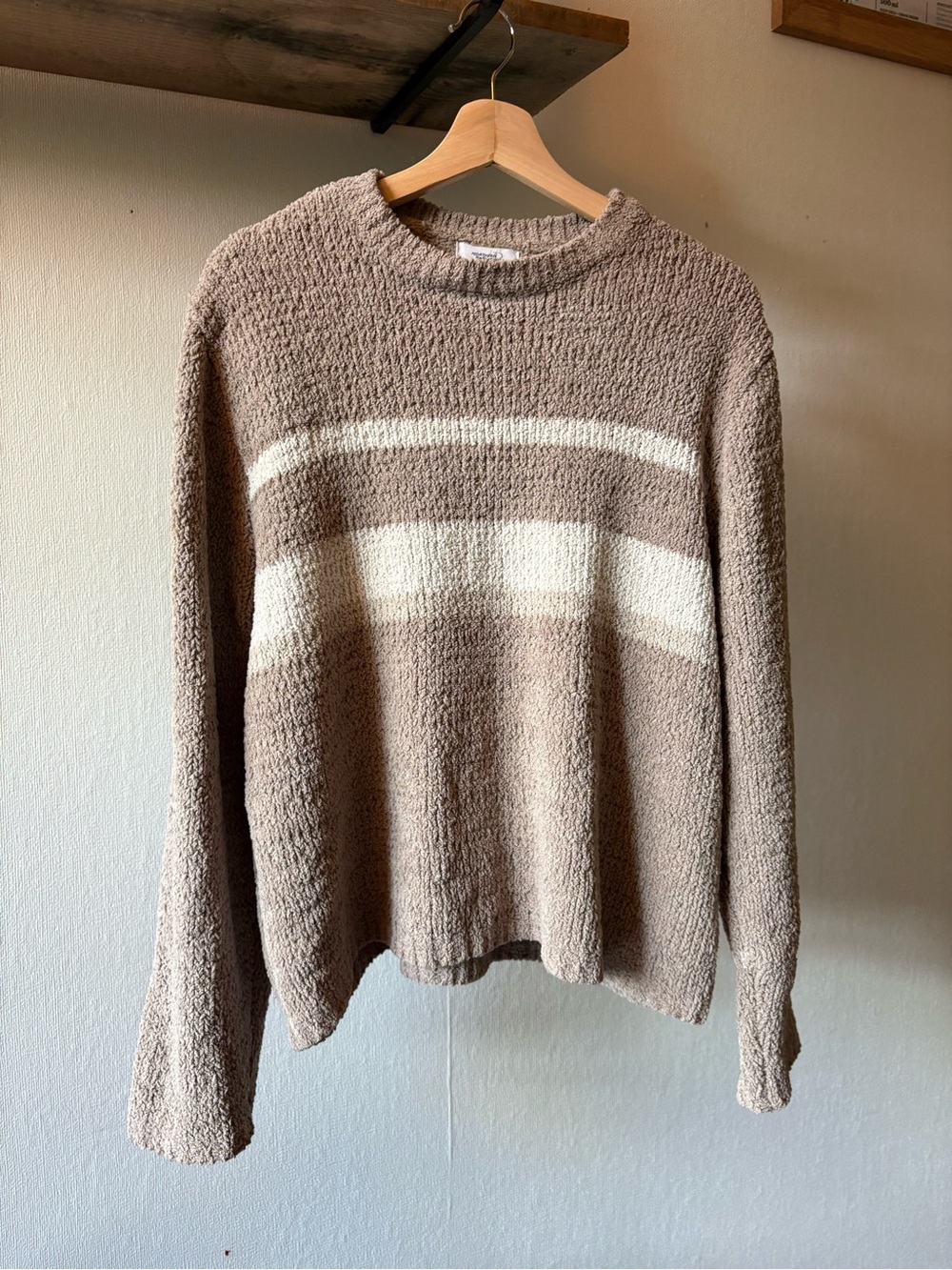 Northern Reflections Taupe Crewneck Sweater with Cream Stripes